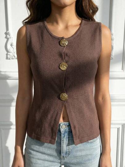 Chaleco sin mangas para mujer - Corte ajustado y cropped, tejido de punto suave y elástico con botones metálicos decorativos de diseño único - Estilo elegante casual - Ideal para uso diario y capas en primavera y otoño