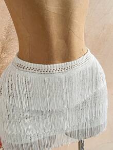 Soleia 女士镂空罗纹针织上衣和流苏针织迷你裙套装 - 白色 - 查看 3