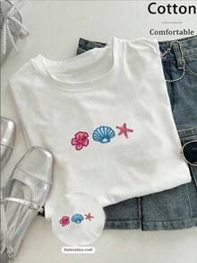 Resyla Women's Casual Vacation Floral & Shell Print T-Shirt - White - View 3