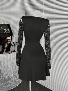 Coolane Damen Vintage Goth Y2K Rave Outfit Renaissance Fair Club Outfits Party Rave Outfit Festival Kontrast Spitze Ausschnitt Langarm Minikleid, Ganzjährig tragbar - Schwarz - Übersicht 3