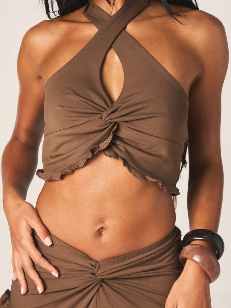 MISSGUIDED Ruffle Hem Halter Neck Twist Front Sleeveless Crop Top Summer Evening Party Blouse Keyhole Design Brown Gathered Detail