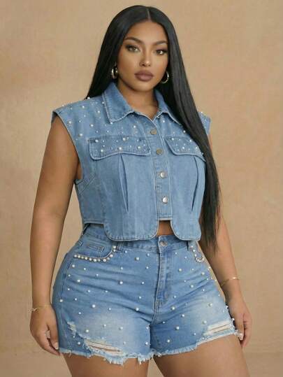 Slaydiva Chaqueta vaquera de mujer de talla grande con decoración de perlas falsas, de un solo pecho, para fiesta, casual, verano y vacaciones