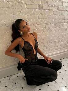 Aloruh Lace Bodystocking With Eyelash Trim, Sexy Sheer Y2K Bodysuit - Black - View 2