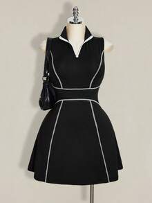 SHEIN ICON 大码女式网球裙，黑白撞色 - 黑色 - 查看 4