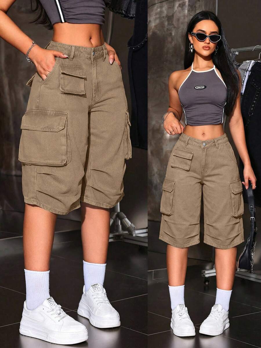 SHEIN ICON 女士休闲水洗牛仔工装短裤 - 卡其色 - 查看 1