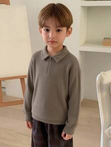 DAZY Young Boy Solid Color Zip Collar Drop Shoulder Long Sleeve Casual T-Shirt - Khaki - View 3