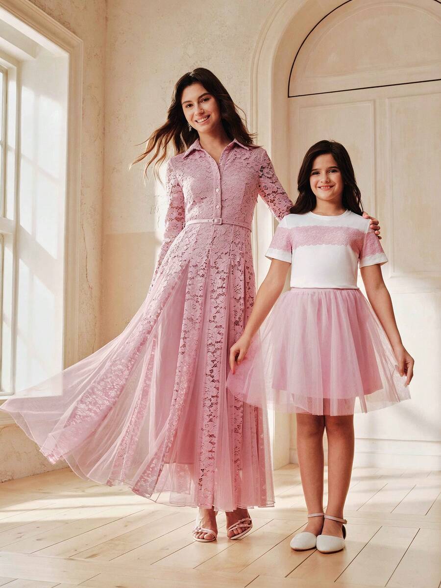 Anewsta Tween Girl Colorblock Lace Patchwork T-Shirt And Mesh Skirt Set, Spring/Summer - Pink - View 1