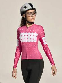 Exploreva Women's Zipper Geometric Print Casual Versatile Daily Commute Cycling Long Sleeve Top - Pink - View 3