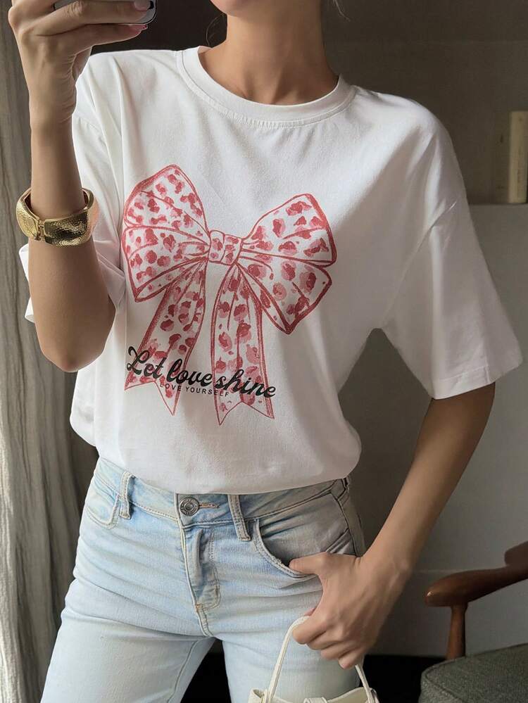 Women's Summer Round Neck Short Sleeve Bow Print Casual Loose T-Shirt