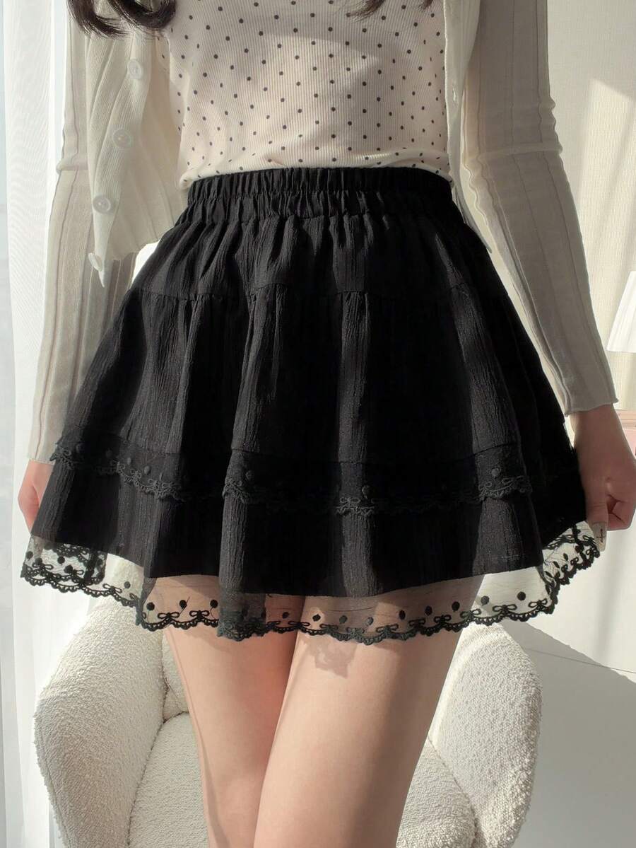 FRIFUL 女士弹力腰网纱拼接裙 - 黑色 - 查看 1