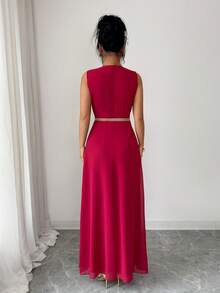 Rafferiza 女士休闲优雅无袖金色饰边长款连衣裙 | 浓郁红色波西米亚风婚礼宾客晚宴礼服，适合休闲度假、浪漫约会、上学日、海滩度假等场合 - 紅色 - 查看 2