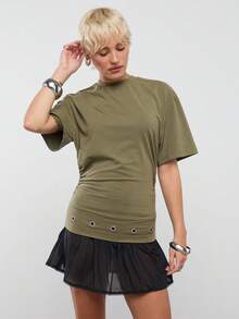 COUREZ Short Sleeve T-Shirt With Tie Hem Detail - Army Green - View 4