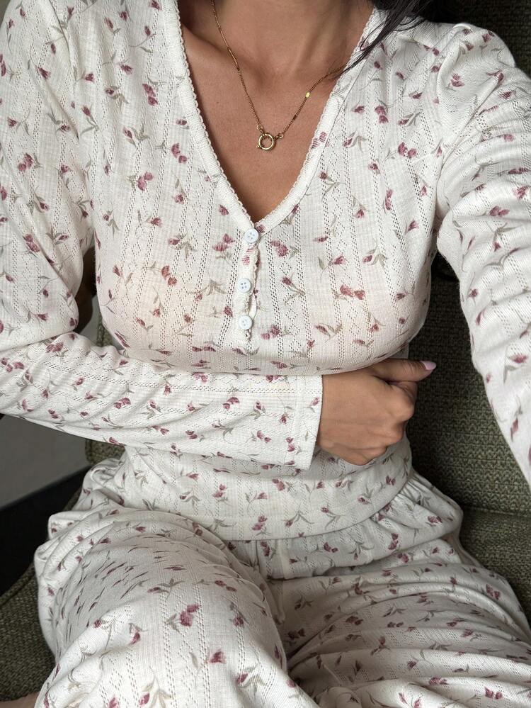 2pcs Women's Ditsy Floral Long Sleeve Top And Pants Set