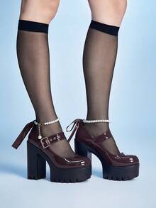 Sugerpunk 女士性感蕾丝蝴蝶结珍珠扣厚底厚跟高跟鞋，春秋季时尚可调节绑带装饰玛丽珍高跟鞋，适合派对、外出、圣诞节约会等场合 - 咖啡 - 查看 3