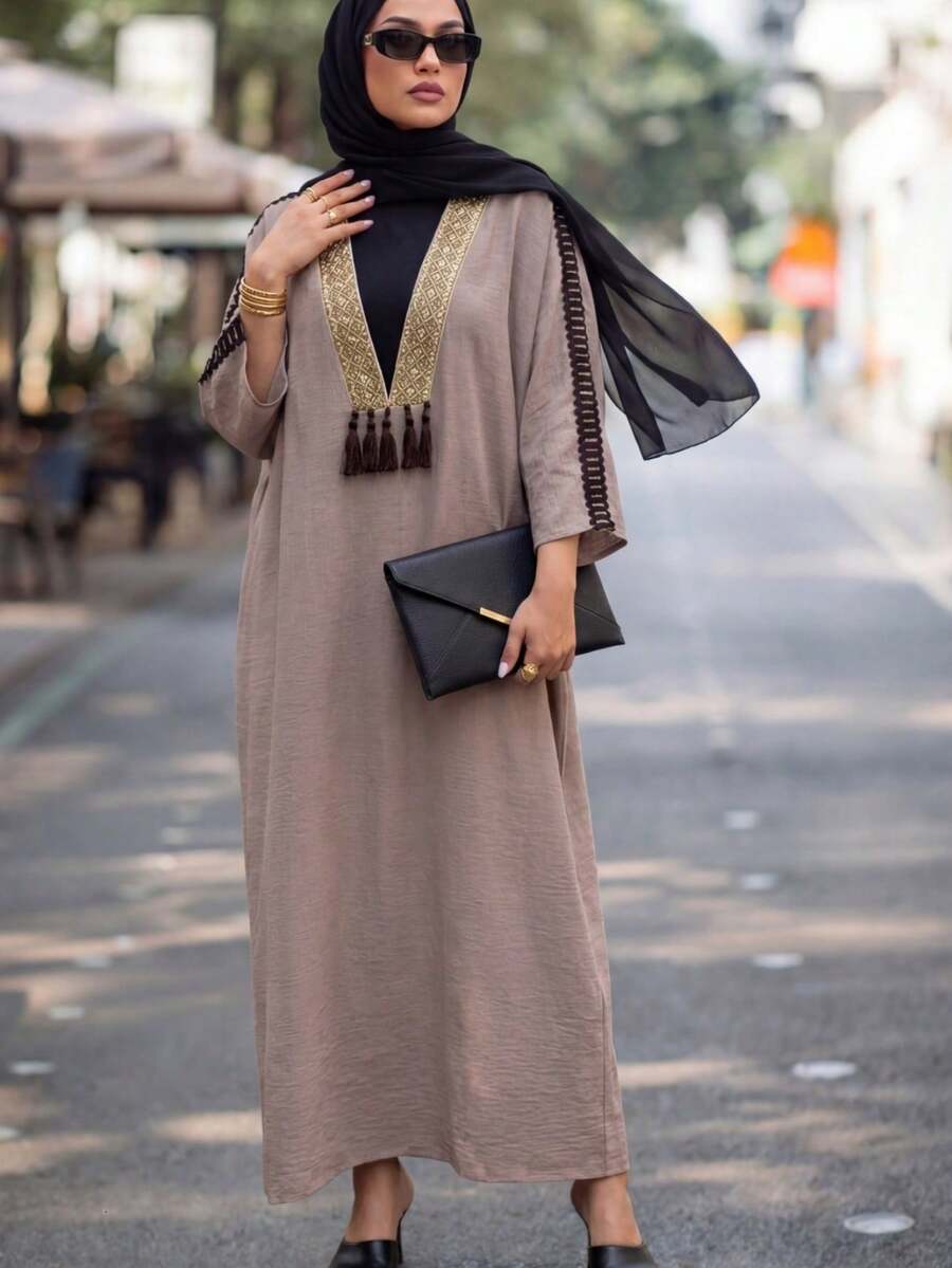 Calvaya Women's Oversized Gold Lace Trim & Patchwork Dress - Coffee - View 1