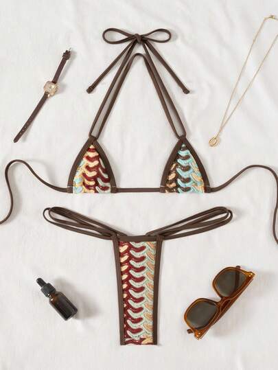 Swim SXY 2 piezas Conjunto de bikini sexy y elegante con tela texturizada, copa triangular micro y escote halter, adecuado para playa, piscina y fiestas