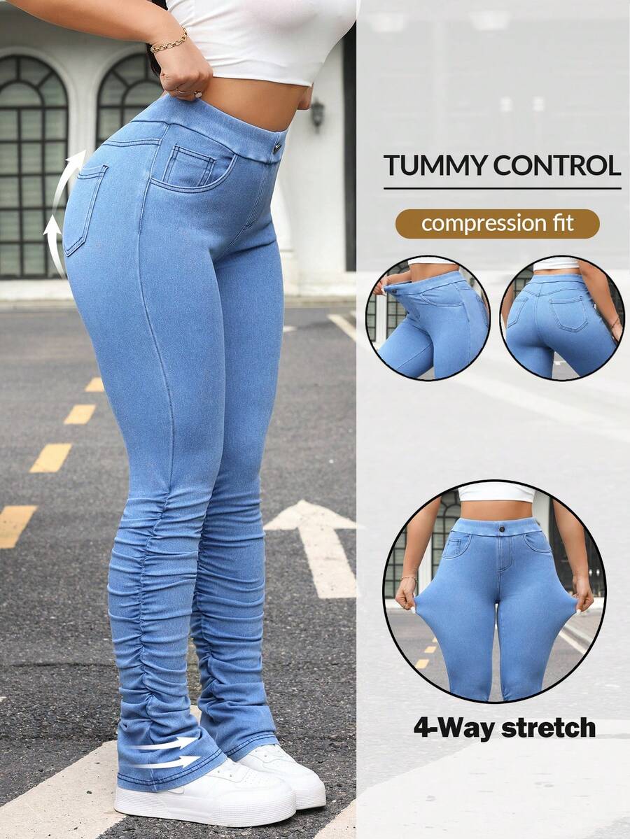 Flexra Women's Pocket Pleated Skinny Casual Versatile Jeans - Blue - View 1