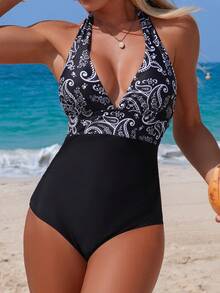 Swim Lushoire Áo tắm một mảnh nữ kiểu dáng mới, họa tiết ngẫu nhiên và màu trơn, cổ yếm, chữ V, hở lưng, thích hợp mặc đi biển, mùa xuân/hè, trang phục đi nghỉ mát cho nữ, đồ bơi che phủ toàn thân. - Đen và trắng - Xem 1