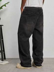 GALLERY FADE Men's Hiphop Street Fashion Rhinestone Embellished Luxury Washed Gray Straight Leg Wide Jeans - Dark Grey - View 2