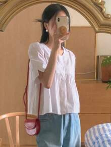 DAZY Women Solid Color Short Sleeve Shirt, Business Casual Summer,Ruffle - White - View 4