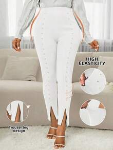 SHEIN Lady Quần legging nữ đính ngọc trai giả, kiểu dáng thường ngày, đa năng, thích hợp mặc hàng ngày. - trắng - Xem 7