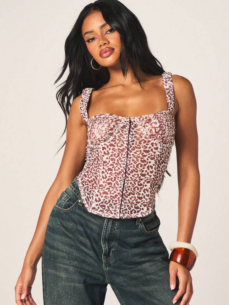MISSGUIDED レオパード柄 バストコルセット タンクトップ フロントジッパー付き 構造的なフィット感 夏ファッション向け
