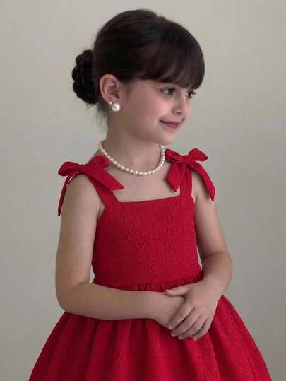 Young Girl Casual Vacation Elegant 3D Bow Strap Dress Elegant  Wedding Outfits