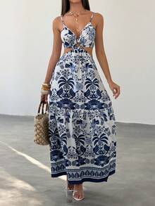 Bluhae Women's White And Blue Floral Summer Boho Beach Vacation Holiday Dress,Hollow Waist Design A-Line French Street Style Retro Sleeveless Maxi Dress - Multicolor - View 5