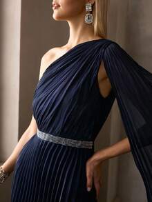 MOTF PREMIUM ELEGANT DEEP BLUE EXTRA LONG SLEEVE ASYMMETRIC NECKLINE MAXI PARTY GOWN FOR WOMEN | WAIST RHINESTONE EMBELLISHMENTS, PLEATED FABRIC, BODYCON FIT FOR NEW YEAR, VALENTINE'S DAY, FORMAL PARTIES, GALAS & CELEBRATIONS - Navy Blue - View 2