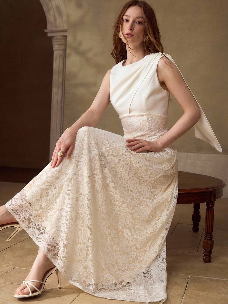 CONTRAST LACE DRAPED SHOULDER SLEEVELESS WAIST CINCHED DRESS