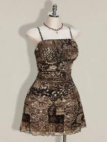 SHEIN ICON 大码女式印花褶皱波西米亚风吊带派对连衣裙 - 棕色 - 查看 7