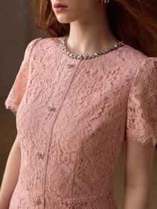 MOTF PREMIUM NEW SUMMER PINK BOW DECOR PEARL ROUND NECK LACE DRESS, ELEGANT LACE DRESS FOR WOMEN - Pink - View 3