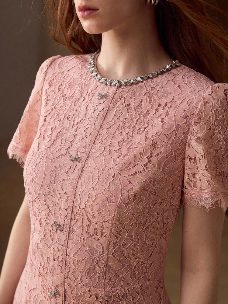 NEW SUMMER PINK BOW DECOR PEARL ROUND NECK LACE DRESS, ELEGANT LACE DRESS FOR WOMEN
