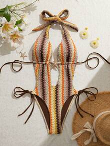 Swim SXY Women's Summer Beach Vacation Special Fabric Drawstring Side One Piece Swimsuit - Multicolor - View 4