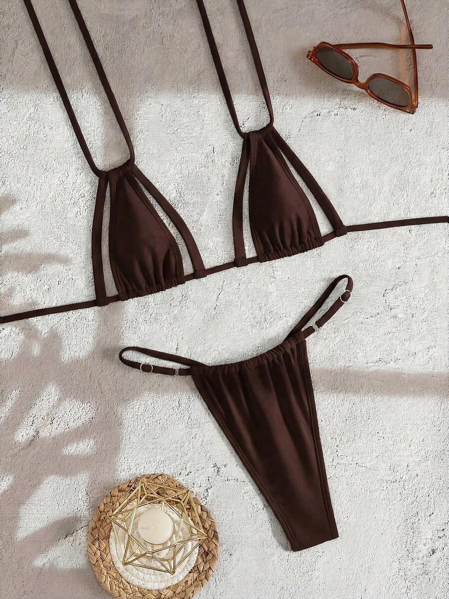 Swim Vcay 黑色纯色性感比基尼泳裤,采用特殊T型菱形连接件,适合夏季海滩度假。棕色比基尼套装,棕色泳衣,女士高衩比基尼套装,棕色套装,女士沙滩装,女士比基尼套装,女士泳衣套装,女士泳装,女士沙滩装,女士泳衣。 - 鏽棕色 - 查看 1