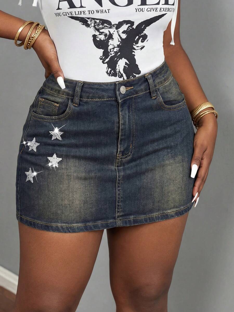 SHEIN BAE Women's Star-Printed Outdoor Street Style Vacation Denim Skirt - Blue - View 1