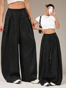 SHEIN Tall بنطلون نسائي صيفي فينتاج كاجوال هيبي شارع كبير الحجم أخضر عسكري - الأسود - View 9