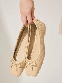 CUCCOO CHICEST Square Toe Loafers, Soft Sole Bow Decor Elegant Versatile Comfortable Slip-On Flat Apricot Shoes Wedding Shoes Spring Shoes Bride Shoes - Apricot - View 7