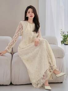 DAZY 女士优雅花卉蕾丝上衣和半裙两件套，春夏款，婚礼宾客礼服 - 杏色 - 查看 1