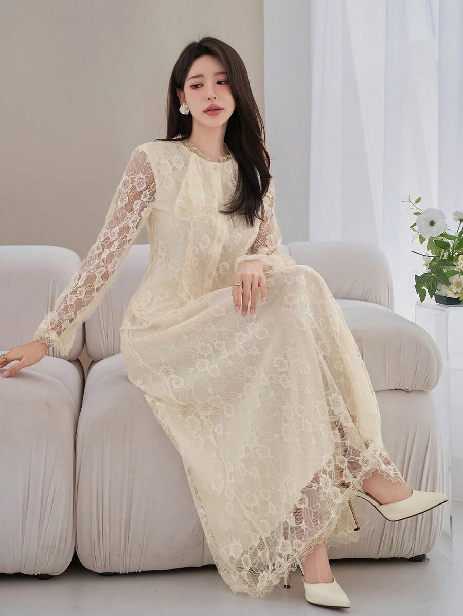 DAZY 女士优雅花卉蕾丝上衣和半裙两件套，春夏款，婚礼宾客礼服 - 杏色 - 查看 1