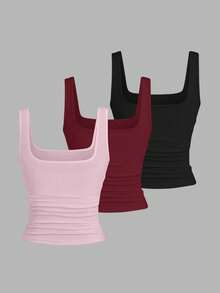 EMERY ROSE Camiseta de tirantes estampada de talla grande, Camiseta de tirantes casual de cuello redondo de talla grande, Camiseta de tirantes de moda de talla grande, Conjunto de 3 camisetas de tirantes de talla grande, Verano - Multicolor - Ver 2