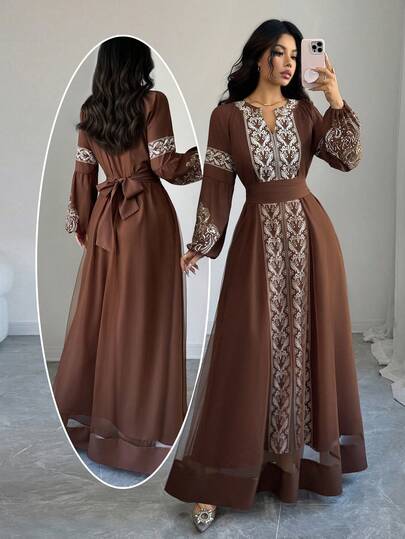 Elenzga Women's New Autumn/Winter Christmas Halloween Thanksgiving New Year Elegant Party Dress, Exquisite Outings, Mesh Patchwork Puff Sleeve, Peris Print Waist Tie V-Neck, White Floral Print Wedding Guest Graduation Dress