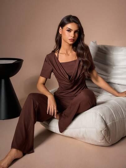 Lazeform Draped Neck Loose Fit Short Sleeve & Long Pants Pajama Set For Women