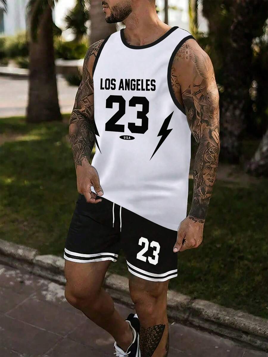 Manfinity Campus Court 男士字母印花圆领背心和抽绳腰短裤休闲套装 - 彩色 - 查看 1