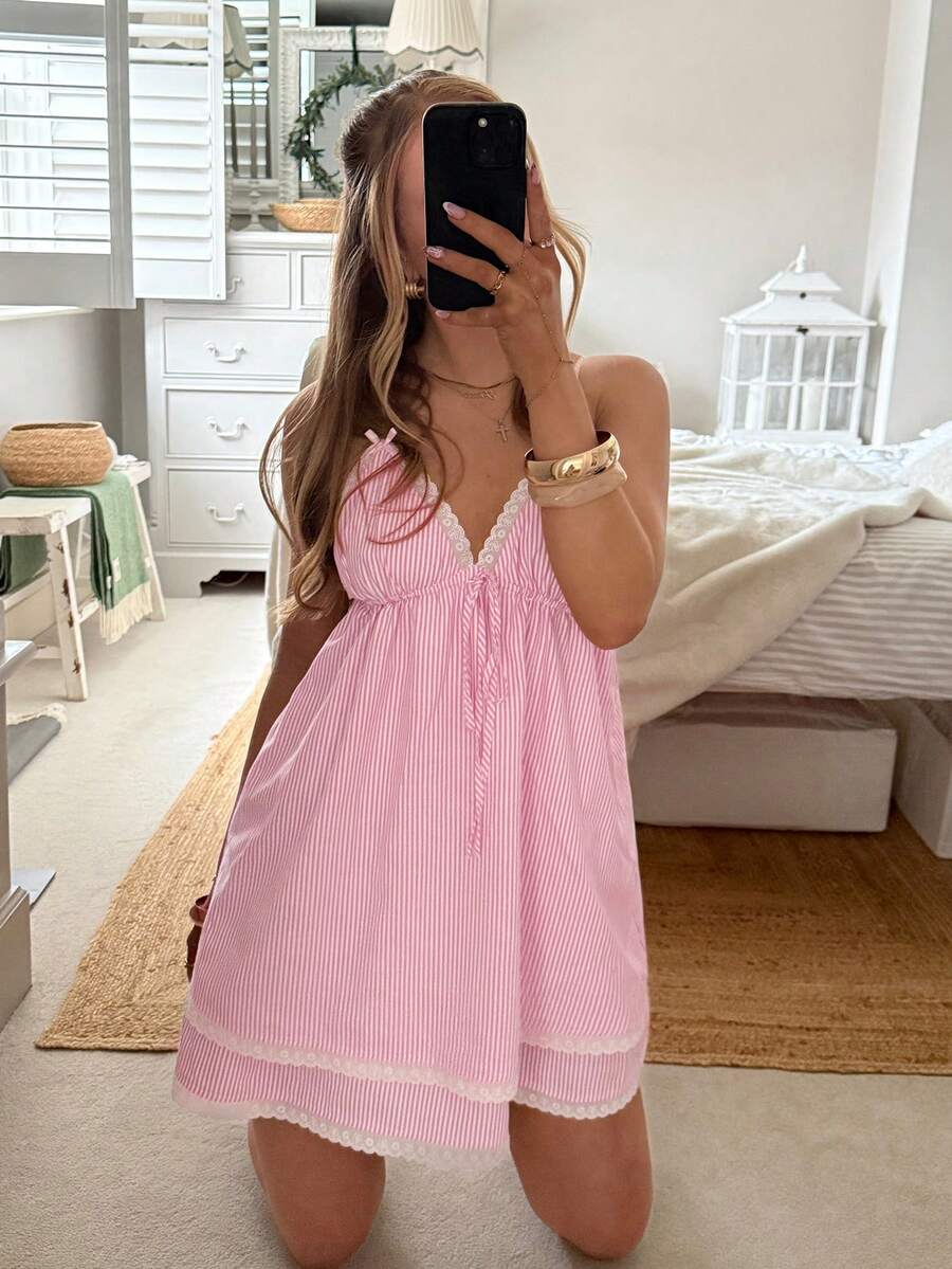 CovetEZ 女士吊带蝴蝶结装饰蕾丝边系带迷你连衣裙 女士夏季连衣裙 女士春季连衣裙 女士沙滩裙 女士夏季套装 女士吊带裙 - 紅色 - 查看 1