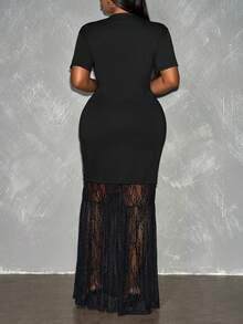 Slaydiva 春夏新品街头运动休闲日常穿搭约会派对校园度假优雅纯黑色圆领短袖蕾丝拼接下摆数字07印花加大码长裙印花连衣裙女装Y2K连衣裙蕾丝拼接连衣裙黑色连衣裙黑色蕾丝连衣裙潮流连衣裙 - 黑色 - 查看 3