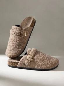 Solecia 女士搭扣设计休闲仿毛皮圣诞节拖鞋 - 深卡其色 - 查看 6