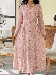 Al Najma Elegantes Damen-Kleid mit Ditsy-Blume Muster und Kreuzgurt-Taille, arabischer Stil - Pink - Übersicht 1