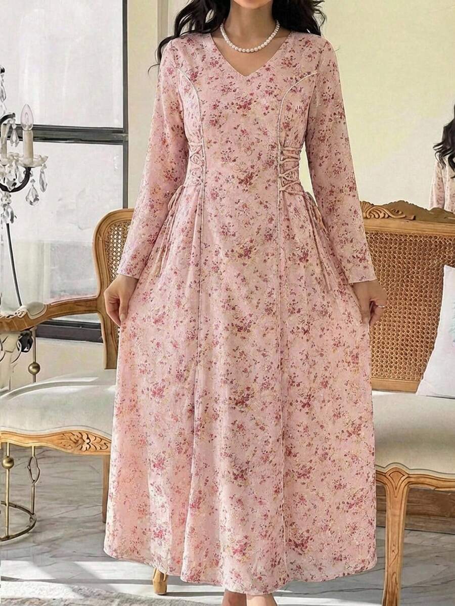Al Najma Elegantes Damen-Kleid mit Ditsy-Blume Muster und Kreuzgurt-Taille, arabischer Stil - Pink - Übersicht 1
