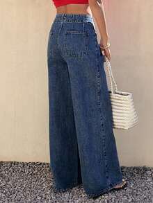 DAZY Women's Pocket Button Casual Versatile Daily Wear Wide Leg Jeans - Blue - View 2